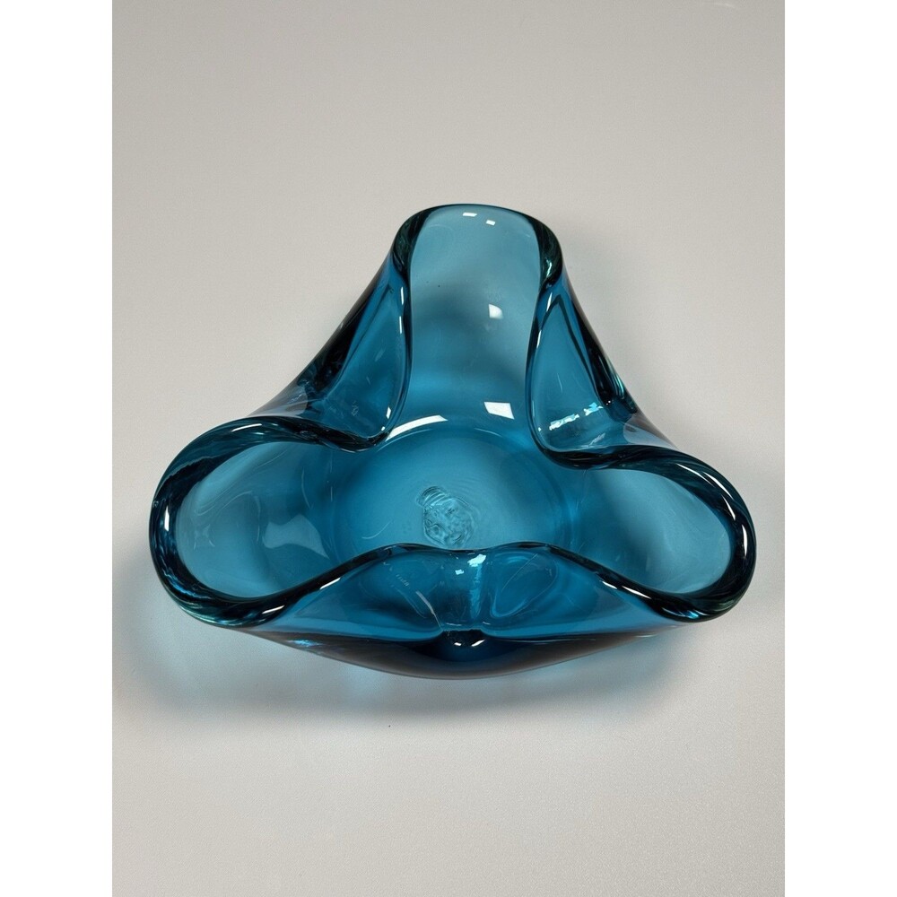 Blue Bowl Ashtray Murano Glass Style Tri Corner Hand Blown Freeform MCM Catchall
